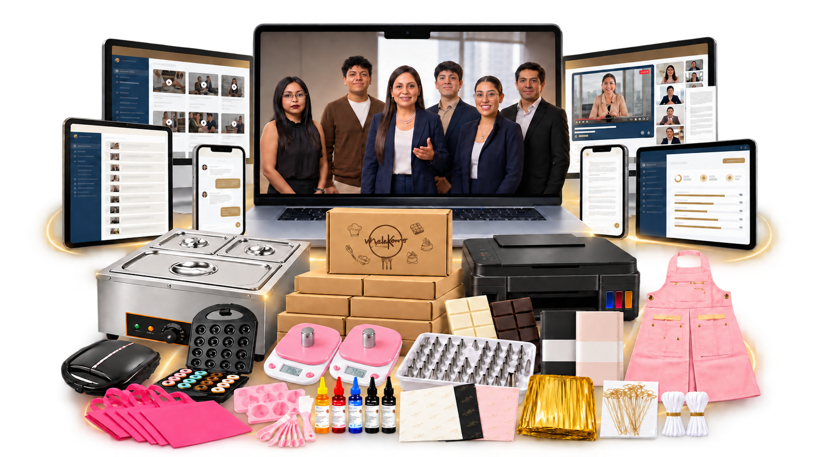 Kit empresarial en primer plano, con el equipo de mentoría y las apps de estudio integrados en pantallas al fondo