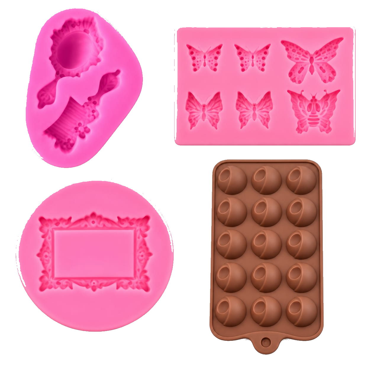 Cuatro moldes de silicón para girasol, mariposas, marco decorativo y esferas de chocolate